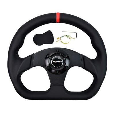 TIYPEOR 13'' 320mm D Shape Adventure Car Racing Steering Wheel Leather Flat Reinforced Drift Sports Steering Wheel Horn Button with Red Stitch for Sim Racing Game,Golf Cart,JDM Sports