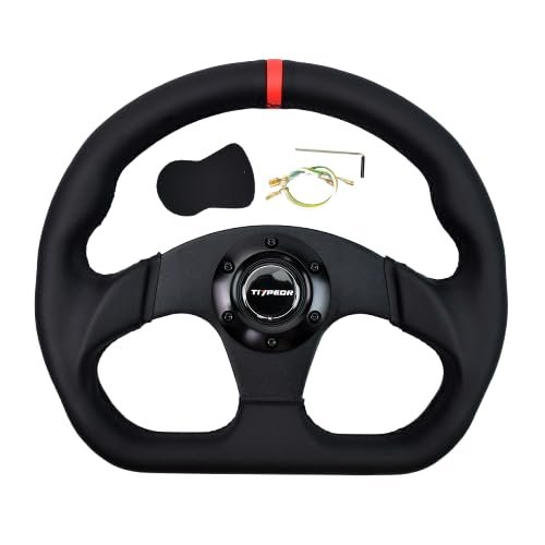 TIYPEOR 13'' 320mm D Shape Adventure Car Racing Steering Wheel Leather Flat Reinforced Drift Sports Steering Wheel Horn Button with Red Stitch for Sim Racing Game,Golf Cart,JDM Sports