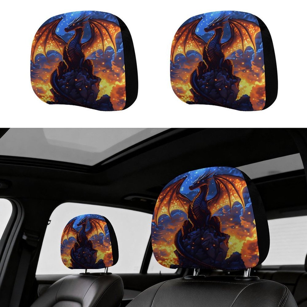 HTSAHKV Medieval Magic Dragon 2 Pcs Car Headrest Cover Car Seat Headrest Cover Auto Interior Accessories Universal Fit