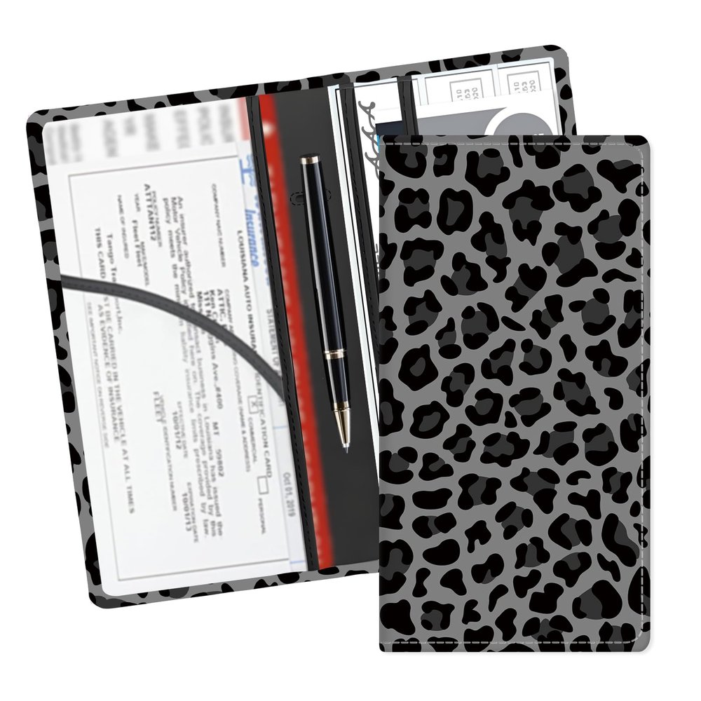 ADUQLZUX Leather Car Registration and Insurance Card Holder, Cute Car Accessories Vehicle Glove Box Car Organizer for Documents, Cards, License Grey Black Leopard