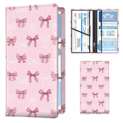 ANKVRP Leather Car Registration and Insurance Holder, Premium Vehicle Glove Box Car Organizer with Magnetic Shut, Cute Interior Car Accessories Cute White Pink Bow
