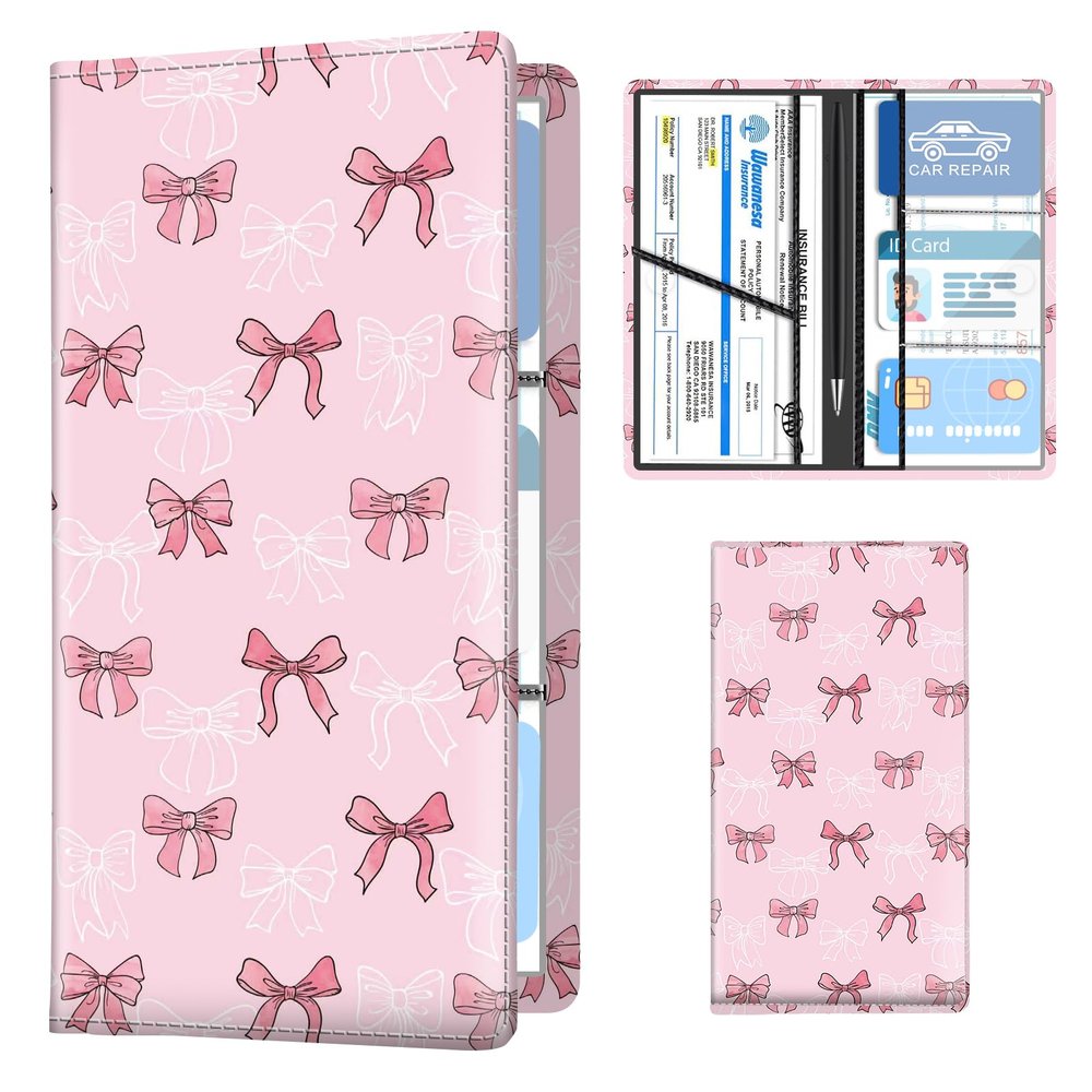ANKVRP Leather Car Registration and Insurance Holder, Premium Vehicle Glove Box Car Organizer with Magnetic Shut, Cute Interior Car Accessories Cute White Pink Bow