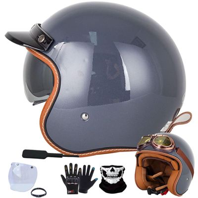 Retro Vintage 3/4 Open Face Motorcycle Helmet for Adults Men Women Bluetooth-Optional DOT Approved with Sun Visor Bubble Lens+Goggles+Gloves+Face Towel Motorbike Moped Street BikeGlossy Gray2S