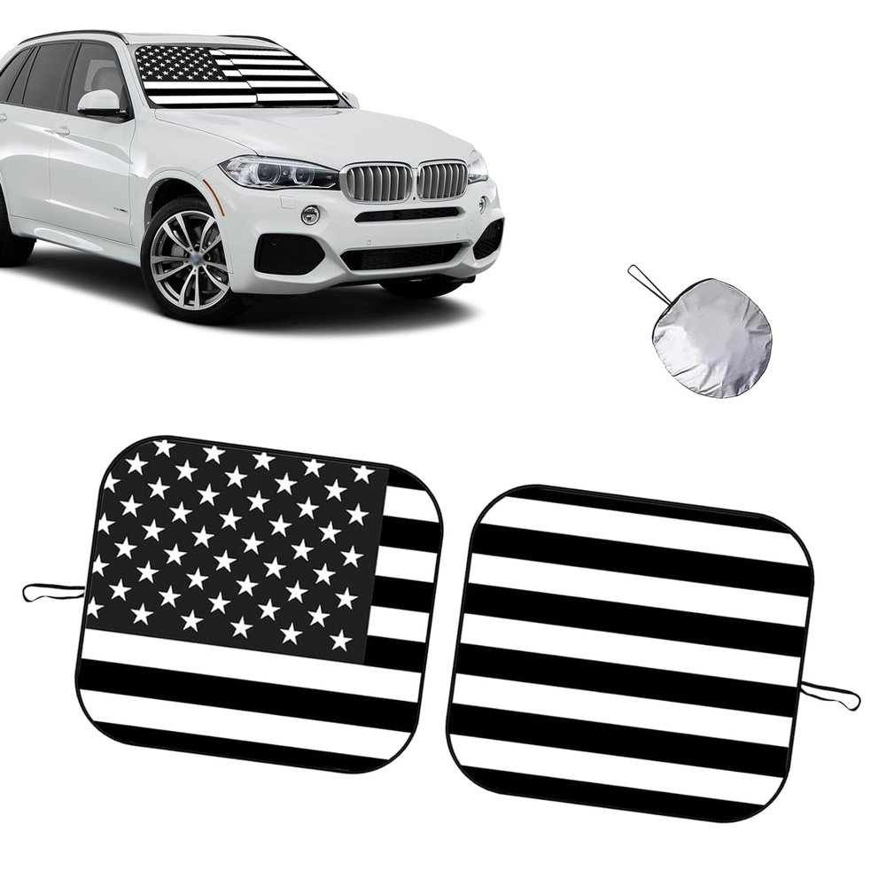 Cuymoap 2 PCS Car Windshield Sun Shades, American Flag Sun & Heat Blocking Shield, Memory Wire Foldable Split Design Sun Visor, Front Window Protector for Most Cars & SUVs (Black)