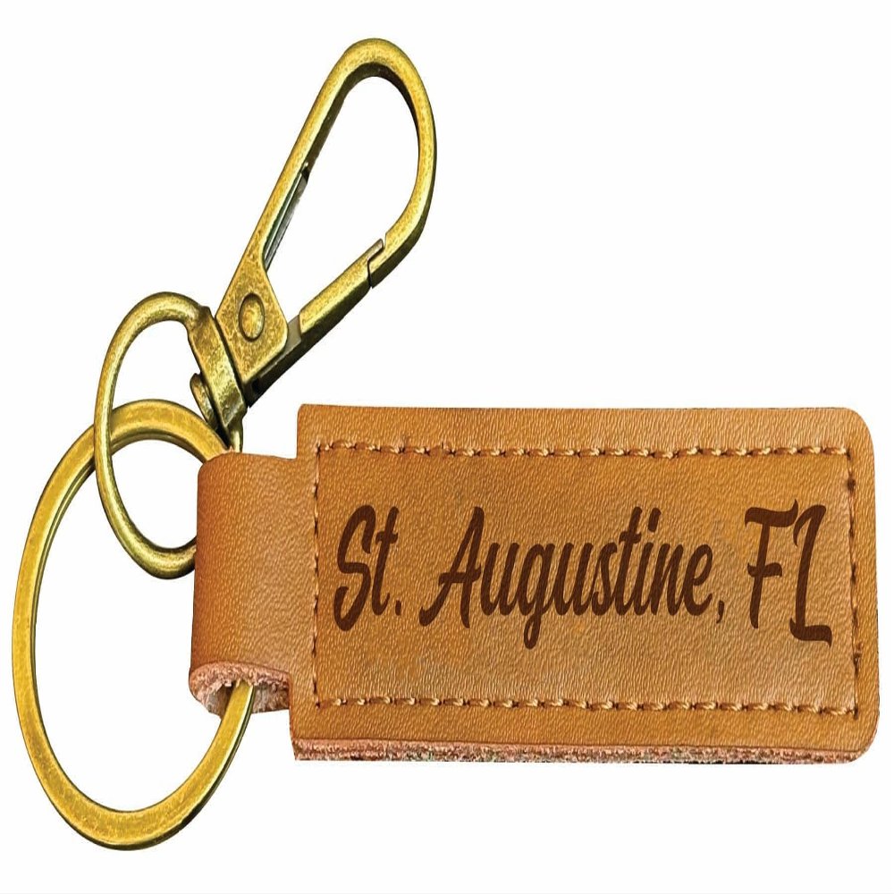 R and R Imports St. Augustine Florida Souvenir Leatherette Keychain 3.25" Long - Engraved City Name Text (Single)