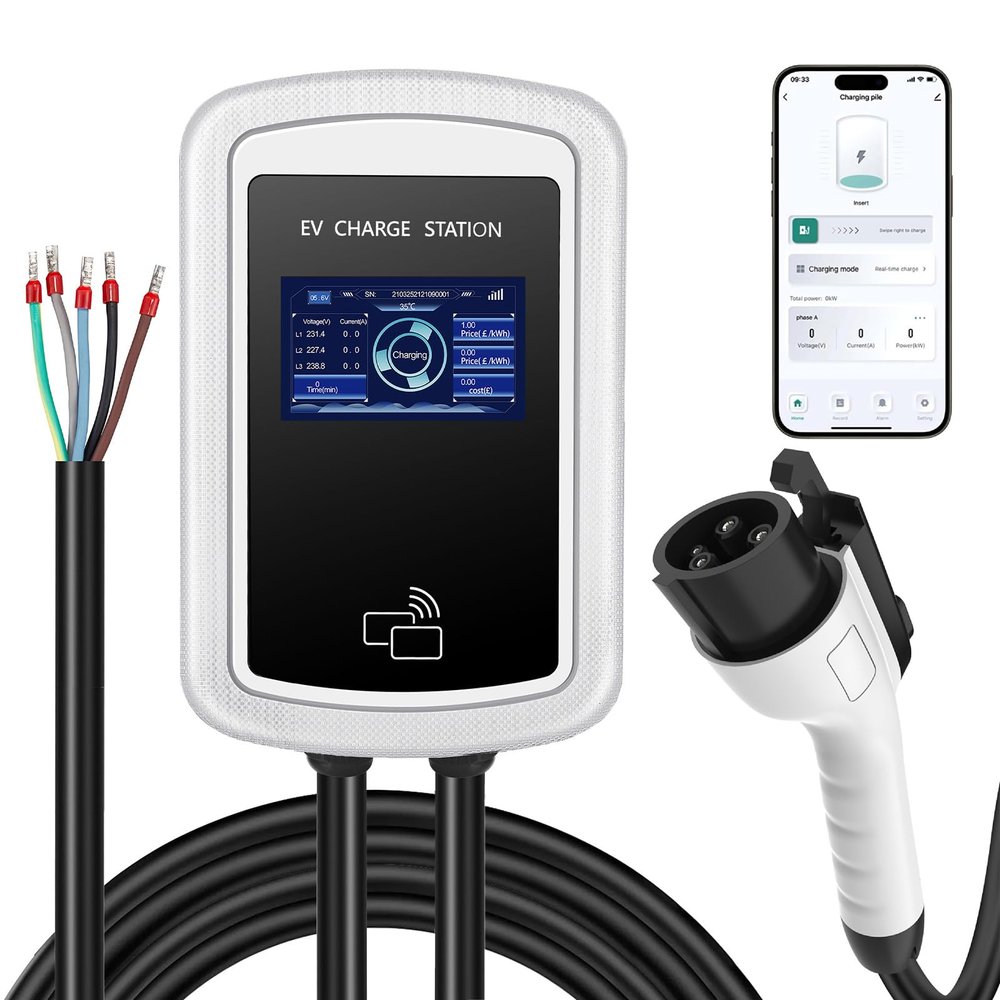 Inerkado Level 2 EV Charger 240V 32A WiFi/APP Enabled Smart EVSE Hardwired EV Charger 25ft Cable, RFID Card & Weatherproof Design for All Electric Vehicles