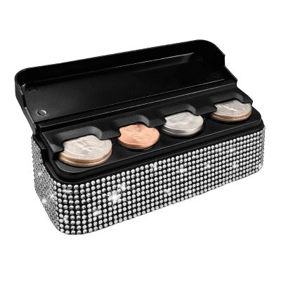 XJVSS Bling Coin Holder for Car, Crystal Rhinestone Change Storage Box Money Dispenser with 4 Compartments, Sparkling Mini Coin Change Organizer for Most Cars Trucks SUVs (White)