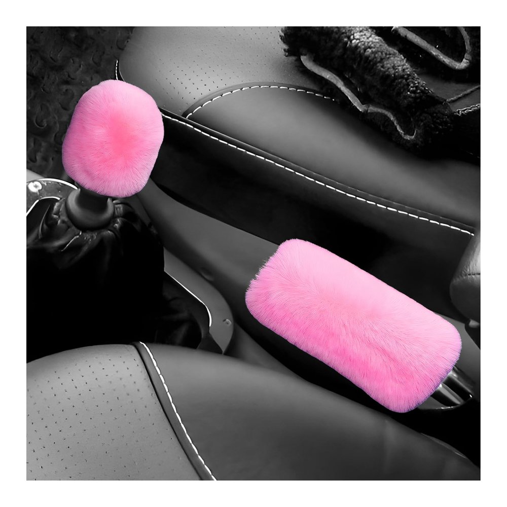 XJVSS 2PCS Fluffy Car Gear Shift Knob & Handbrake Cover, Comfortable Plush Shifter Stick & Hand Brake Handle Protector, Soft Shifter Cover Furry Interior Decoration for Most Vehicles (Pink)