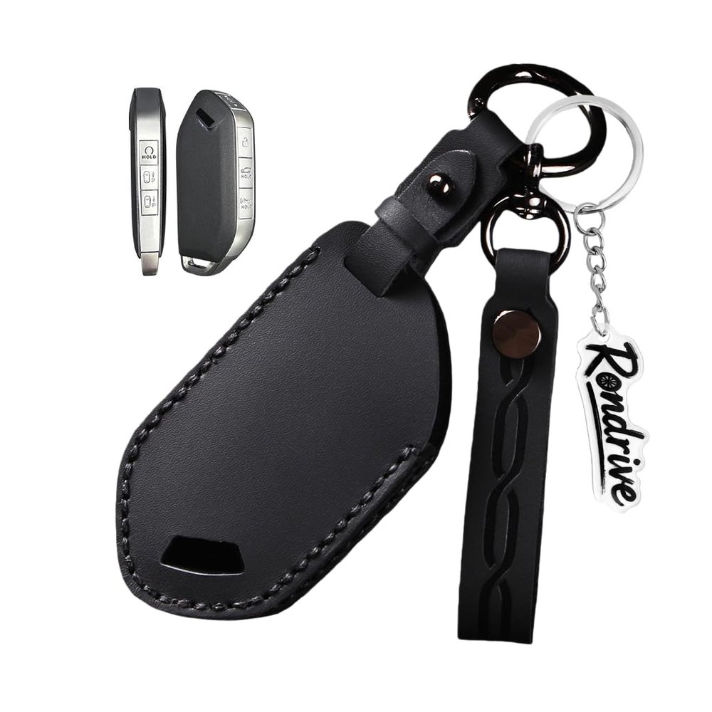 Rondrive 7 Buttons Key Cover Compatible with Kia Sportage 2026 2025 K4 K5 Telluride Carnival Sorento EV6 EV9 Genuine Leather Car Key Fob Case, Black