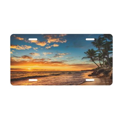 Front License Plate for Car Designs Stainless Tropical Beach Sunset Palm License Plate Holder for Men Women Metal Aluminum Decorative Accessory Vanity Tag Standard 6 X 12 Inch (4 Holes)