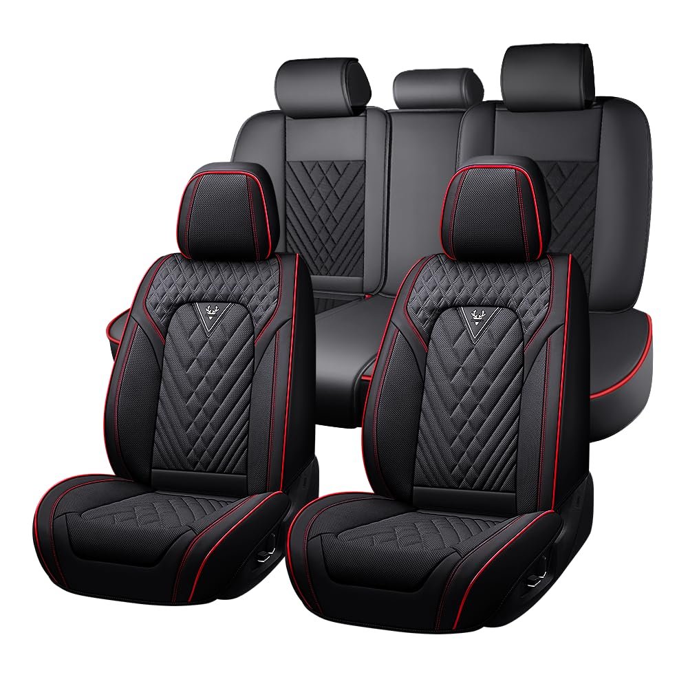 JXTH Car Seat Covers Full Set for Chevrolet Trax 2015-2026, Waterproof Nappa Leather Car Seat Cover with Memory Foam, Full Coverage&360 Protection Car Seat Covers Sets (5 Seat,Black&Red)