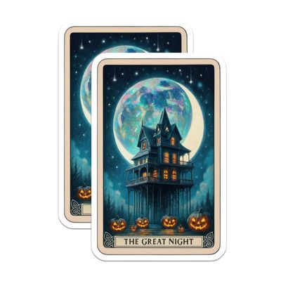 (2 Pack) Halloween Haunted House Stickers - Spooky Full Moon Art - Jack-o-Lantern Night Tarot Card - 5" On Longest Side - Sticks to Smooth Flat Surfaces - Made in USA - BMCS20813