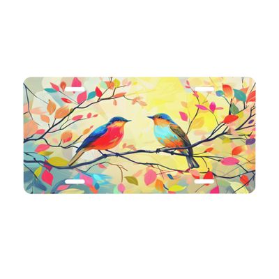 Colorful Bird Leaves License Plate, Decorative Car Front License Plate, Aluminum Novelty License Plates Vanity Tag Metal Car Plate 6 x 12 in, Made in USA (4 Holes) for Men & Women