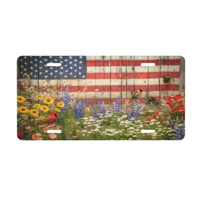 Cardinal Flower American Flag Wooden Board License Plate, Decorative Car Front License Plate, Aluminum Novelty License Plates Vanity Tag Metal Car Plate 6 x 12 in, Made in USA (4 Holes) for Men Women