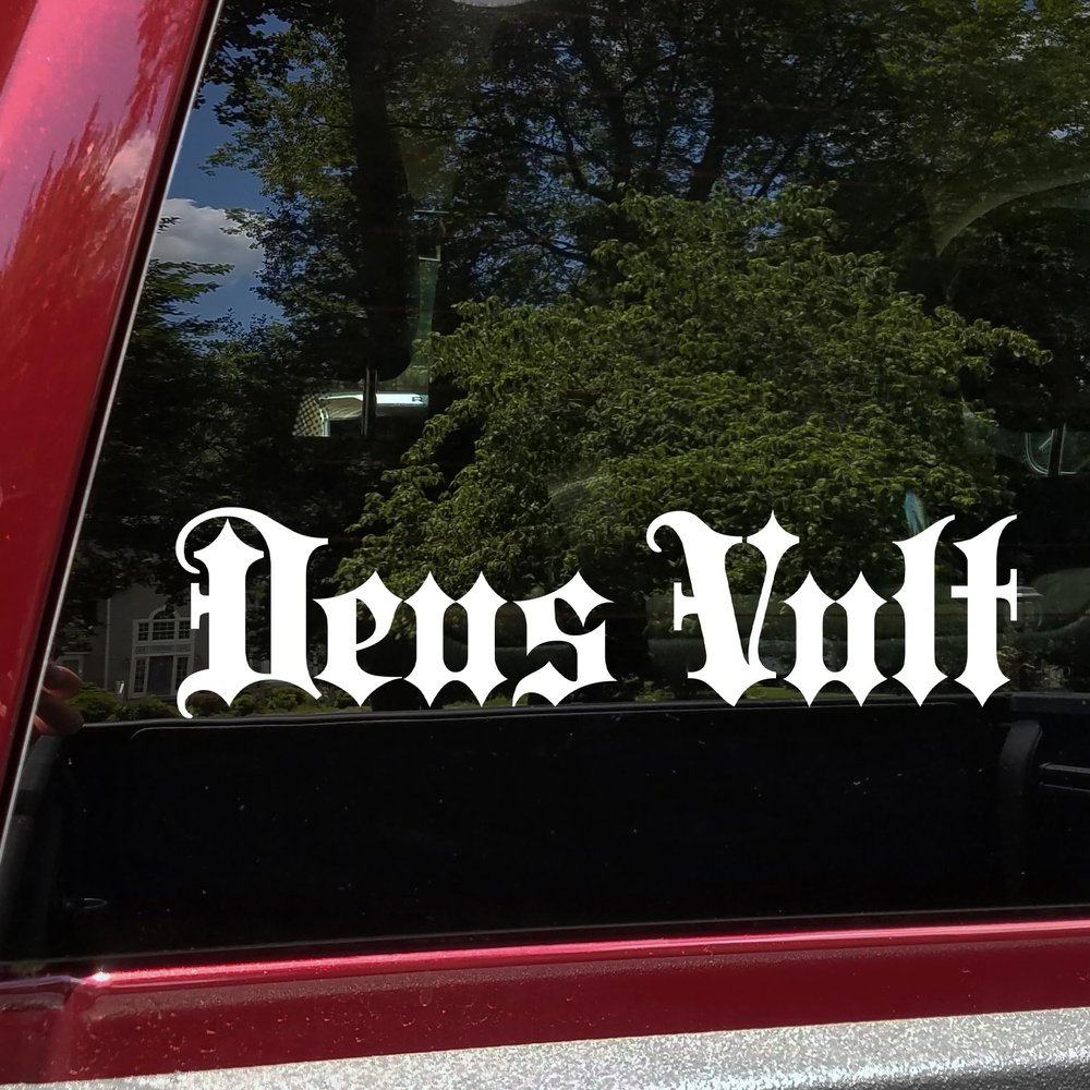 Green - Deus Vult God Wills It Medieval Script Vinyl Decal 10 x 2.5-inch Waterproof for Car Window Laptop Outdoor Use