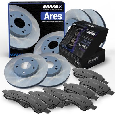 Brake X Front and Rear Brake Pads and Rotors Kit replacement for 2013 AUDI A3 | ARES Semi Coated Rotors and Alpha Ceramic Brake Pads