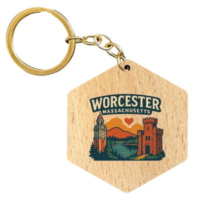 R and R Imports Worcester Massachusetts Vintage Souvenir Design 2 Wooden Hexagon Keychain