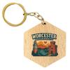 R and R Imports Worcester Massachusetts Vintage Souvenir Design 2 Wooden Hexagon Keychain view 1