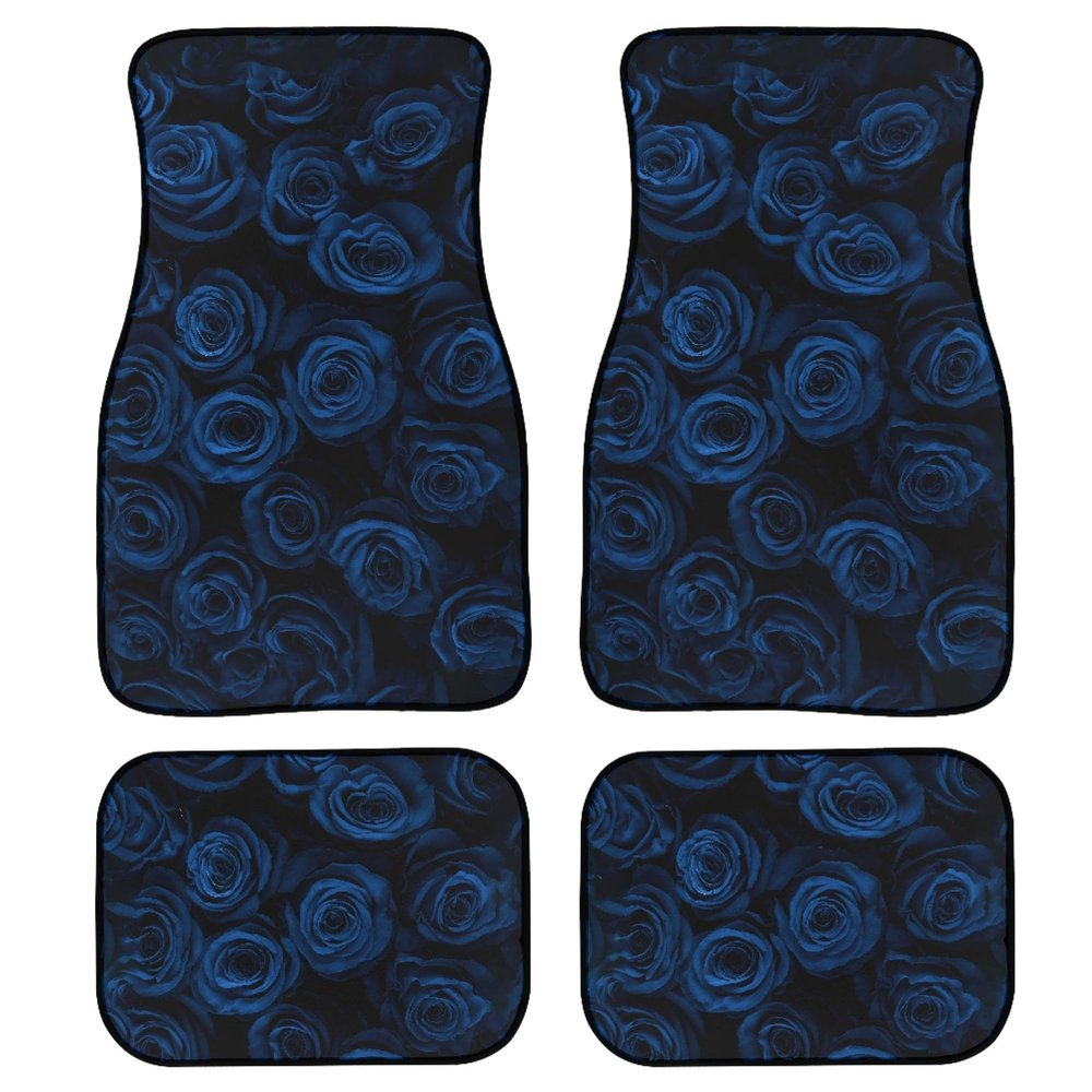 CXOVUDY Blue Rose Car Floor Mats Set of 4,Closeup Flower Bouquet Beautiful Blossoms Floor mats for Cars Universal Front Rear Vehicle Foot Rugs Dark Floral Pattern Car Accessories for Trucks Sedans