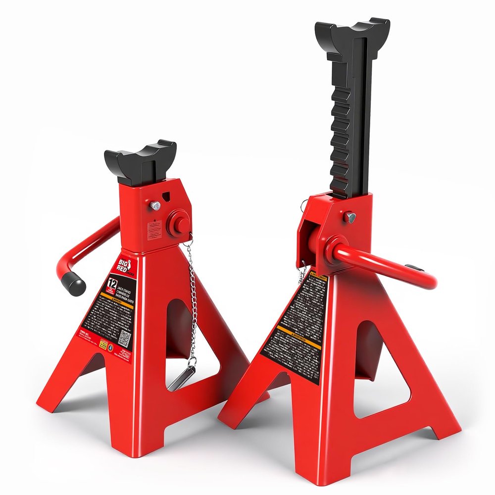 BIG RED 12 Ton Steel Jack Stands with Lock Adjustable Height to 28.15'',Heavy Duty Steel Car Jack Stands Fit for Cars, SUVs, and Most Automobiles, Red, 2 Pack