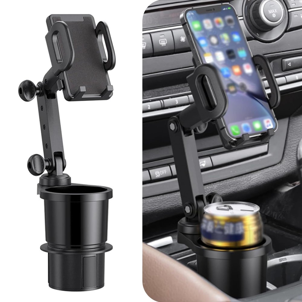 Heyzidu Car Water Cup Holder Phone Rack, 2 in 1 Multifunction Cup Holder Expander, 360 Degrees Rotatable Auto Phones Mount with Long Arm, Universal for Cars SUVs Trucks (Black)