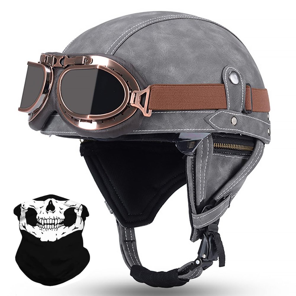 Motorcycle Half Helmet Retro German Handmade Leather Half Face Quick Release Buckle with Goggles/Visor - DOT Approved for Cruiser Scooter Chopper Moped for Adults Men Women