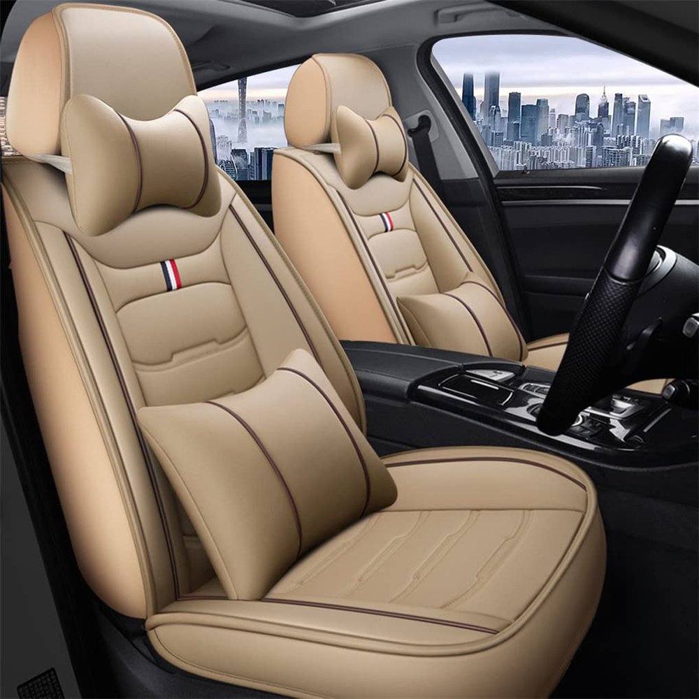 BPOOBP Luxury 5 Seats Car Seat Covers for BM#W 3Series316, 318328 Vehicles Front&Rear Seat Protector Waterproof Leather Seat Cushion (Beige with Pillows)