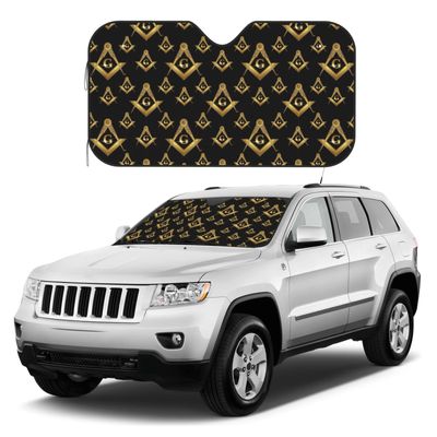 Auto Sun Shade for Truck SUV and More Cars, Weatherproof Dustproof Front Window Protector, Gold Freemason Freemasonry Masonic UV Protection Shield Cover Keeps Vehicle Cool