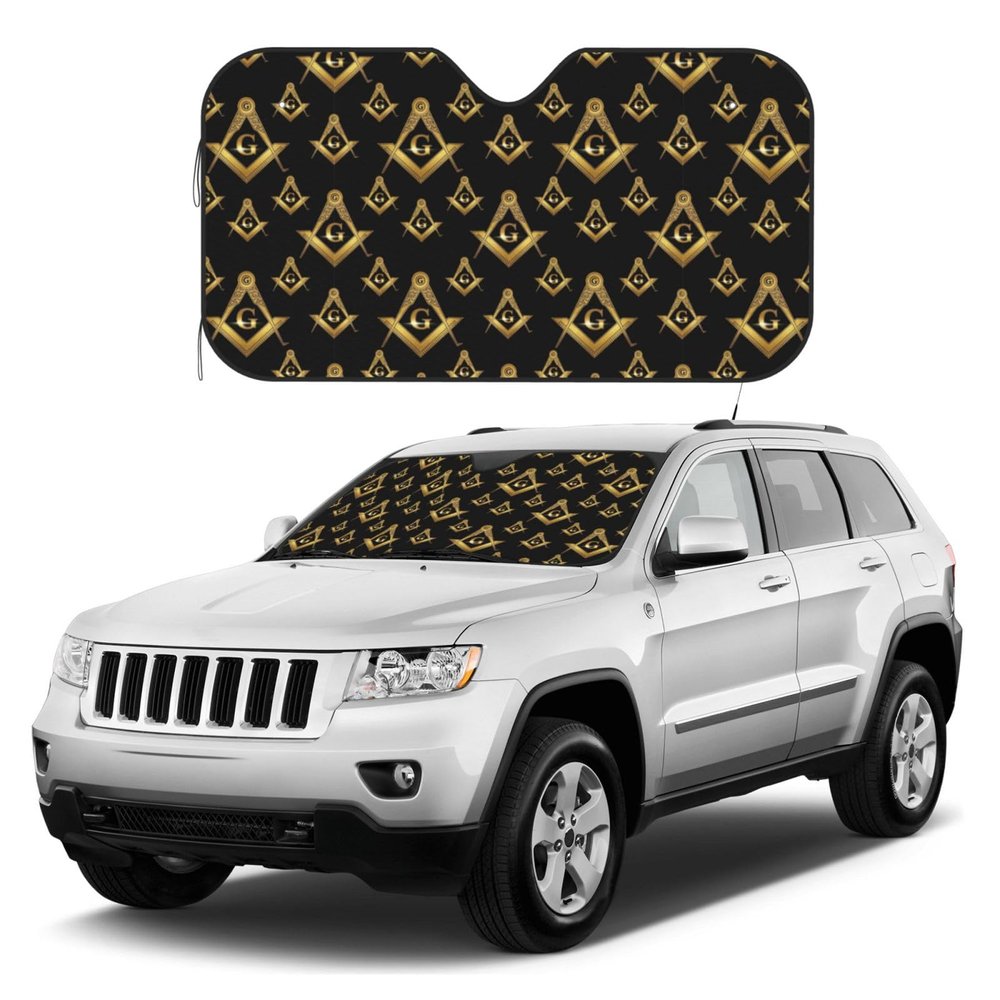 Auto Sun Shade for Truck SUV and More Cars, Weatherproof Dustproof Front Window Protector, Gold Freemason Freemasonry Masonic UV Protection Shield Cover Keeps Vehicle Cool
