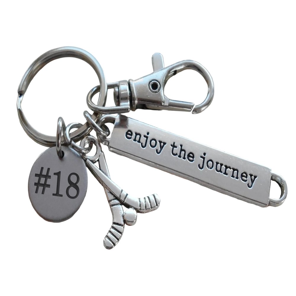 JewelryEveryday Custom Hockey Sticks Charm Keychain with Engraved Disc, Enjoy the Journey & Clasp, For Graduate, Coach, or Team Player