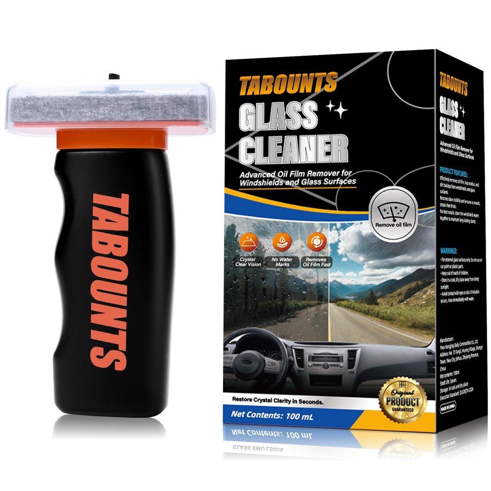 TABOUNTS Glass Emulsion Cleaner, Handheld Windshield Brush with 100 mL Windshield Oil Film Remover, Cleans Oil, Grime & Fog, Glass Emulsion & Glass Oil Film Remover (1 pack)