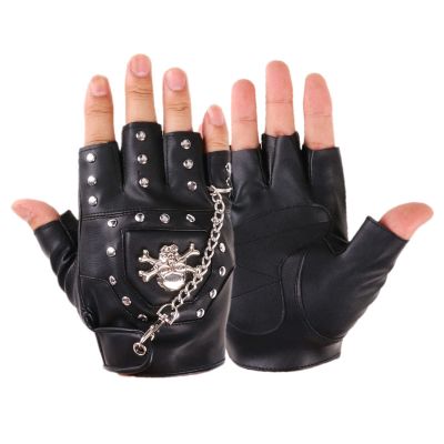 XUEXUAN Half Finger Punk Rivets PU Leather Gloves Black Cycling Gloves with Metal Chain for Motorcycles Fingerless Dancing Mitte