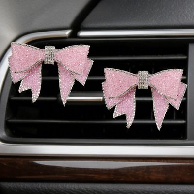 QEUOBUE 2PCS Bling Bowknot Car Air Outlet Clips, Sparkling Rhinestone Leather Car Dashboard Air Vent Trim Clips, Elegant Auto Interior Decoration Accessories (Pink)