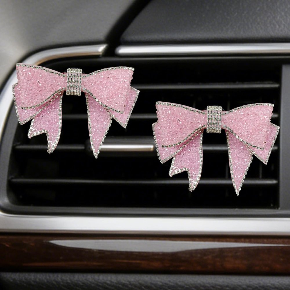 QEUOBUE 2PCS Bling Bowknot Car Air Outlet Clips, Sparkling Rhinestone Leather Car Dashboard Air Vent Trim Clips, Elegant Auto Interior Decoration Accessories (Pink)