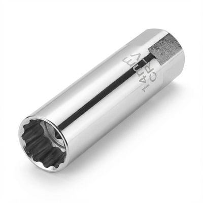 QEUOBUE 14mm Spark Plug Socket, 3/8 Inch Drive 12 Point Thin Wall Spring Clips Wrench, Universal Chrome Vanadium Steel Vehicle Spark Plug Removal Tool Compatible with Cars/SUVs(14MM)