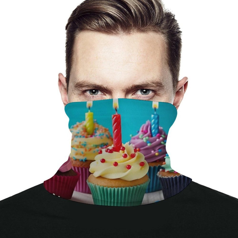 POTSCBVW Happy Birthday Cupcakes Neck Gaiter Face Mask with Drawstring, UV Protection Balaclava Breathable Ski Mask for Cycling Hunting Running Hiking, Multi Headwear for Men Women