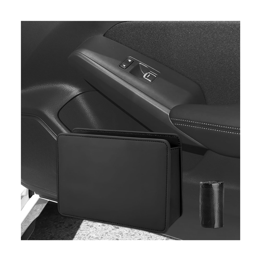 KAUEGOW Car Trash Can, Foldable Auto Hanging Dustbin Garbage Organizer with One Roll Trash Bag, Waterproof Leather Storage Bag Container Mini Garbage Bin for Most Vehicles (Black)