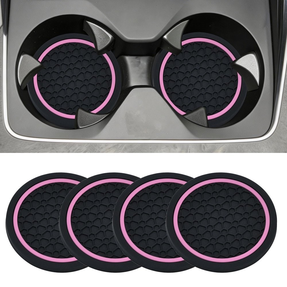 ILBVWQY 4Pcs Car Cup Mats,Cup Holders,Car Accessories Universal Non-Slip Cup Holders Pad Set,Automobile Interior Accessories,Dustproof Bottle Holder Pads for Vehicles (Black&Pink)