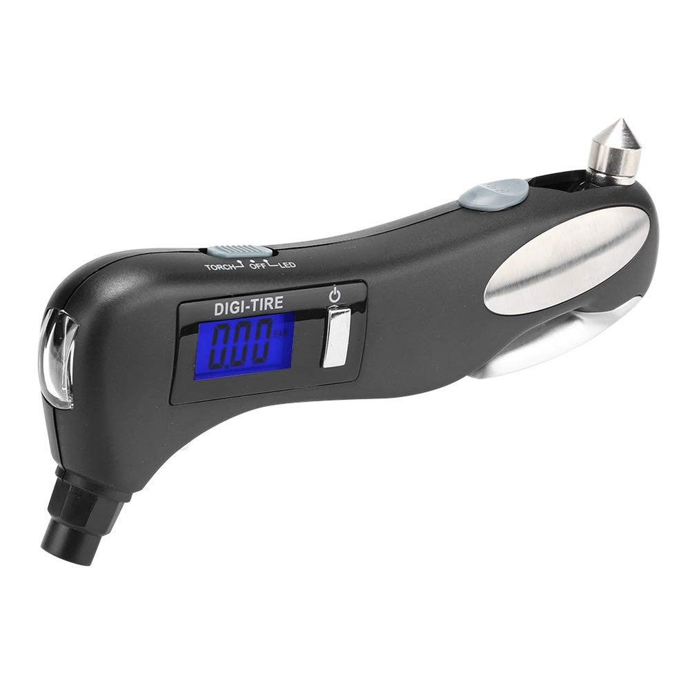 Multifunctional Emergency Car Flashlight with Tire Pressure Gauge, Safety Hammer and Seat Belt Cutter, Compact LED Flashlight for Outdoor Roadside Safety