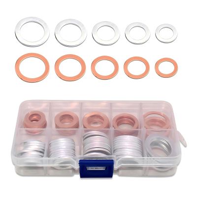 Teybouk 100 PCS Car Oil Drain Plug Gaskets, Leak-proof Sealing Engine Oil Pan Flat Washer, M10 M12 M14 M16 M18 5 Sizes Assortment Kit, Replacement for Most Cars Motorcycles (Silver & Gold)