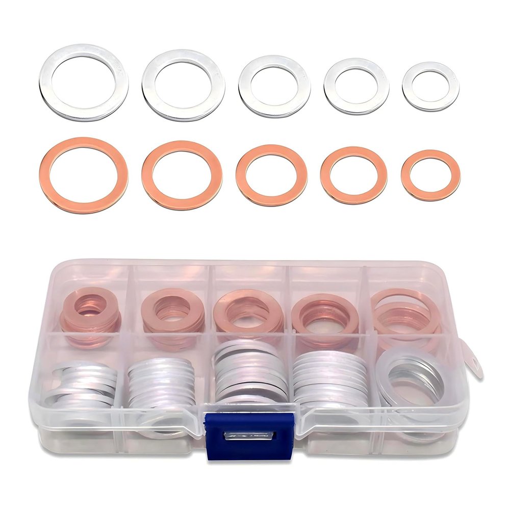 Teybouk 100 PCS Car Oil Drain Plug Gaskets, Leak-proof Sealing Engine Oil Pan Flat Washer, M10 M12 M14 M16 M18 5 Sizes Assortment Kit, Replacement for Most Cars Motorcycles (Silver & Gold)