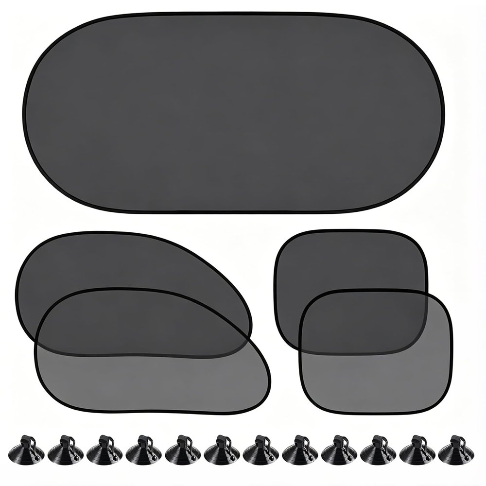 KoiLuvGo 5 Pieces Car Window Shade Set, Complete Sun Shade Kit Include 4 Side Window Shades and 1 Rear Windshield Shade with 12 Suction Cups, UV Protection for Interior Heat Shield Universal for Cars