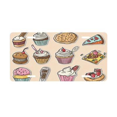 Colorful Cupcake and Pizza Illustration Aluminum License Plate for Car Truck SUV Garage Wall Decor Novelty Sign