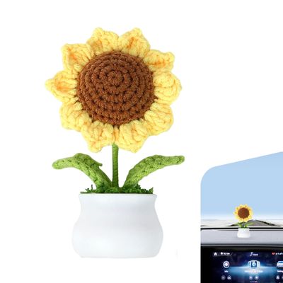 Hugwits Car Crochet Sunflower Ornament, Cute Soft Lightweight Car Sunflower Dashboard Decor, Non-Slip Self-Adhesive Auto Interior Handmade Decoration for Women, Universal for Most Cars (Style A)