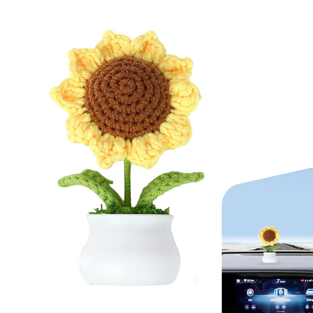 Hugwits Car Crochet Sunflower Ornament, Cute Soft Lightweight Car Sunflower Dashboard Decor, Non-Slip Self-Adhesive Auto Interior Handmade Decoration for Women, Universal for Most Cars (Style A)