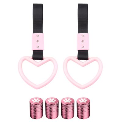 2Pcs Light Pink Heart Shaped Car Handle Straps Interior Decor & 4Pcs Cat's Paw Pink Tire Valve Caps Anodized Aluminum Corrosion Resistant Universal for Cars Trucks SUVs Motorcycles Bikes
