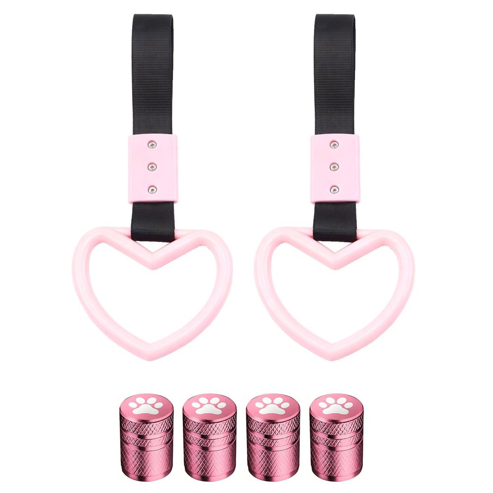 2Pcs Light Pink Heart Shaped Car Handle Straps Interior Decor & 4Pcs Cat's Paw Pink Tire Valve Caps Anodized Aluminum Corrosion Resistant Universal for Cars Trucks SUVs Motorcycles Bikes