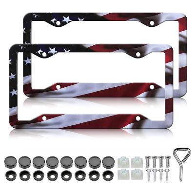 American Flag License Plate Frames - 2 Pack Patriotic Matte Stripe US Flag Gloss License Plate Frame Holder Car Plate Frame Covers with 4 Holes Screws Fasteners Caps for Standard US 12x6 Inch