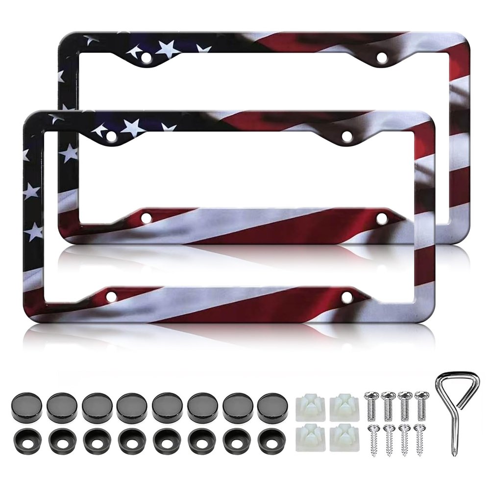 American Flag License Plate Frames - 2 Pack Patriotic Matte Stripe US Flag Gloss License Plate Frame Holder Car Plate Frame Covers with 4 Holes Screws Fasteners Caps for Standard US 12x6 Inch