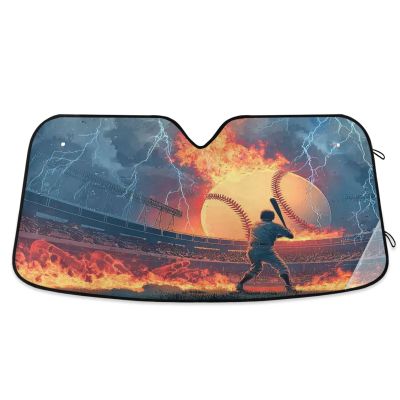 Baseball on Fire Car Sun Shade Windshield Sun Shield UV Ray Protection Foldable Sun Visor for Front Window Blocks Automotive Interior Accessories 53 X 23.5 in